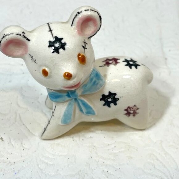 VTG Cute Stuffed Bear Figurine on 4 Legs Ceramic Blue Ribbon Bow Japan 3"x1" - Picture 2 of 13